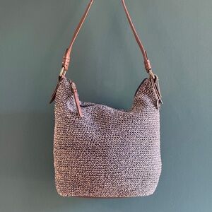 Woven Shoulder Bag with Brown Leather Strap - Neutral